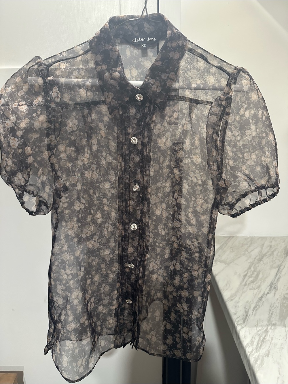 Sister Jane Black Sheer Floral Puff-Sleeve Blouse
